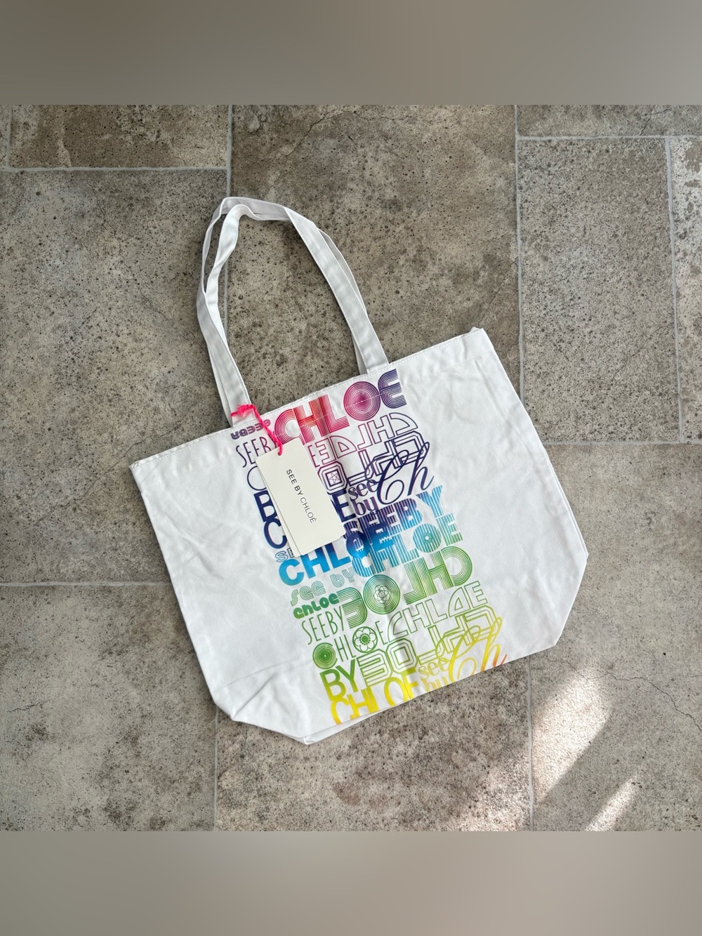See by Chloe. White Canvas Logo Tote Bag with Rainbow Print